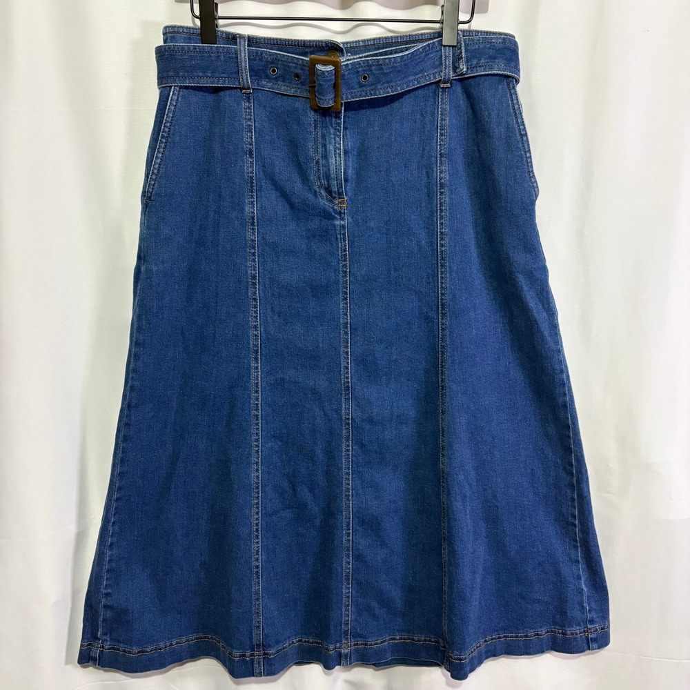 Boden Womens Paneled Denim Belted A-Line Midi Skirt Blue Medium Wash Size US 10